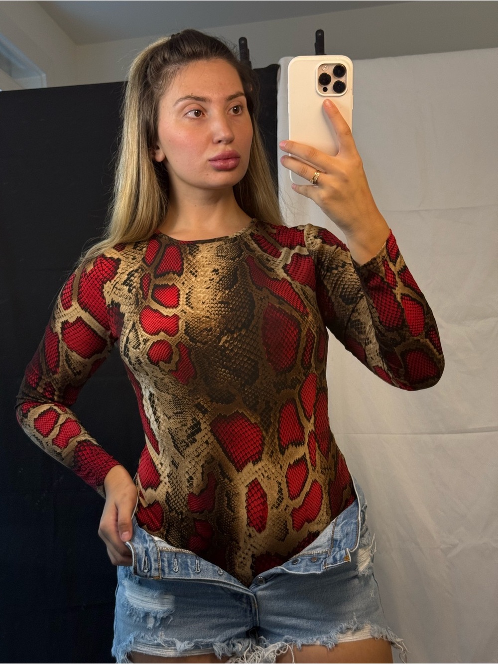 Fashion Nova Red & Brown Snake-Print Long Sleeve Bodysuit